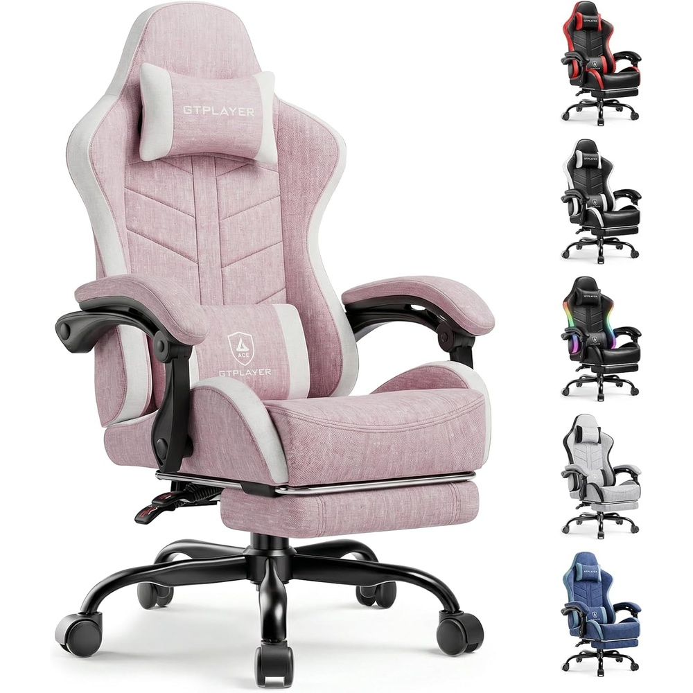 image:imageGTPLAYER RGB Gaming Chair with Footrest Computer Gaming Chair with LED Lights for Adults Height Adjustable PC Gamer Chair with 90155 Recline amp Removable Headrest Lumbar Support RGB Black9 Linen Fabric Pink