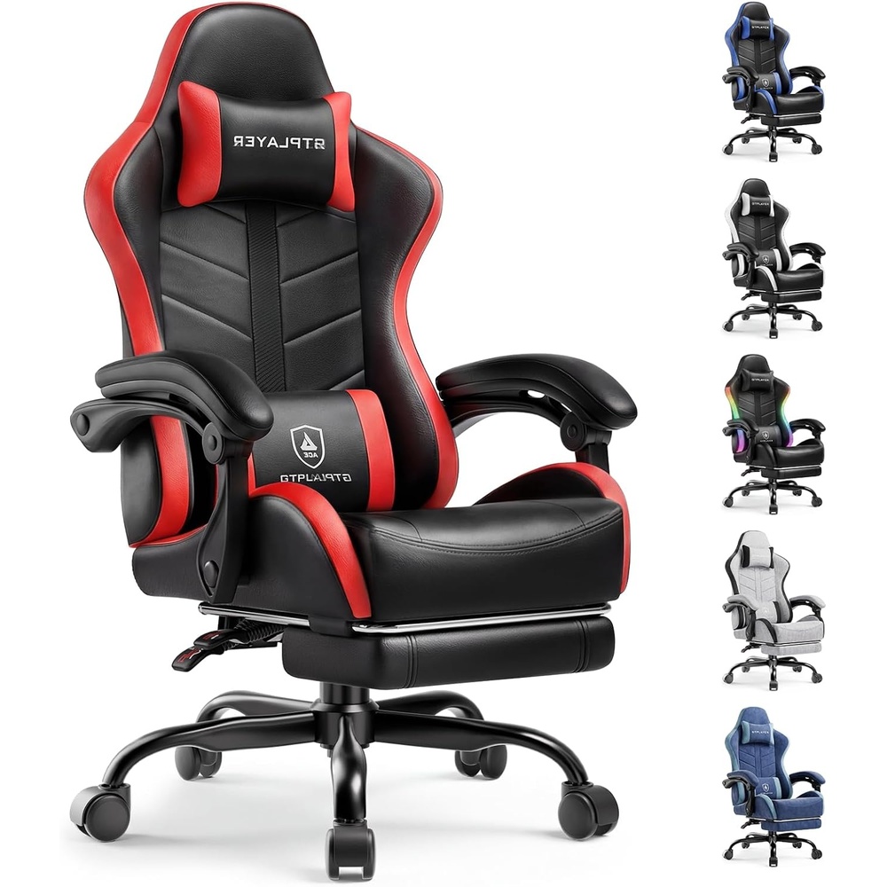 image:imageGTPLAYER RGB Gaming Chair with Footrest Computer Gaming Chair with LED Lights for Adults Height Adjustable PC Gamer Chair with 90155 Recline amp Removable Headrest Lumbar Support RGB Black4 Redblack