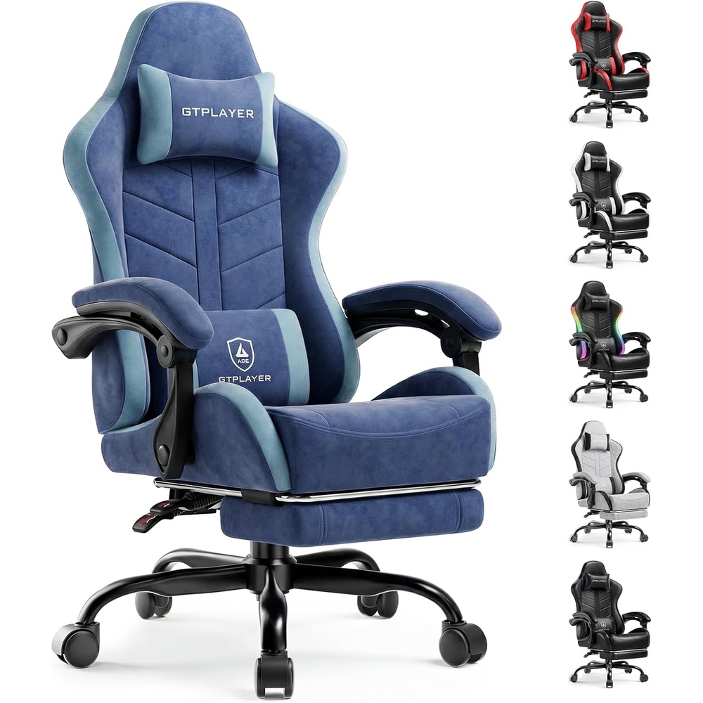 image:imageGTPLAYER RGB Gaming Chair with Footrest Computer Gaming Chair with LED Lights for Adults Height Adjustable PC Gamer Chair with 90155 Recline amp Removable Headrest Lumbar Support RGB Black7 Performance Fabric Blue