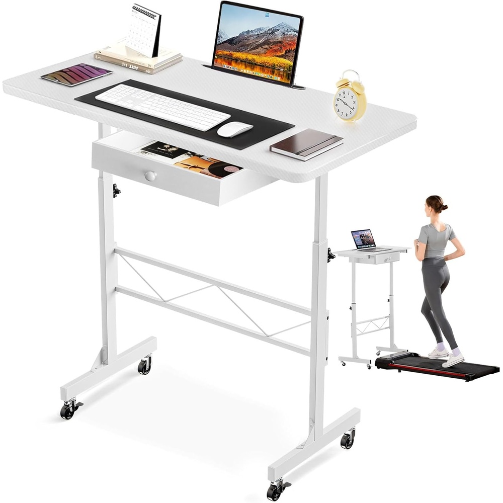 image:imageGTPLAYER Small Standing Desk Adjustable Height Small Computer Desk Mobile Portable Rolling Laptop Table with Wheels 32 Computer Workstation Sit Stand Desks Portable Standing Table Treadmill desksCfwhite