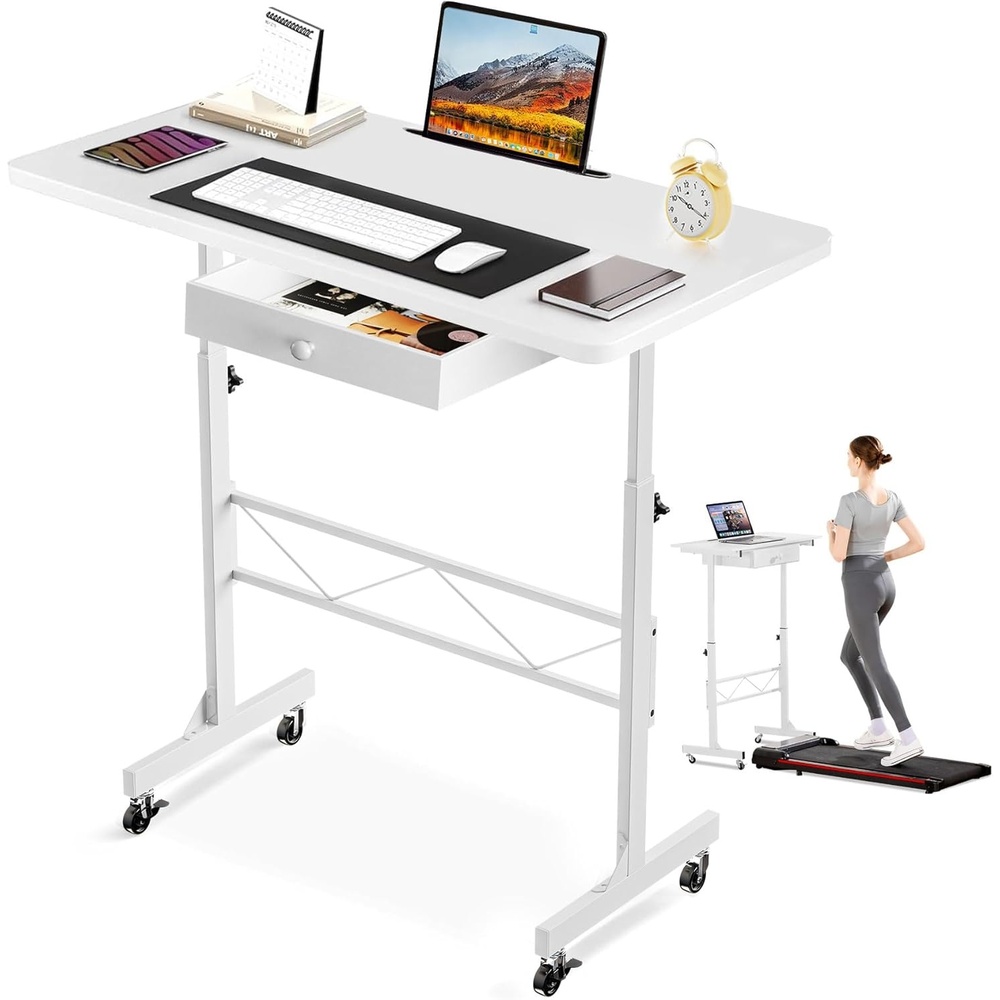 image:imageGTPLAYER Small Standing Desk Adjustable Height Small Computer Desk Mobile Portable Rolling Laptop Table with Wheels 32 Computer Workstation Sit Stand Desks Portable Standing Table Treadmill desksWhite