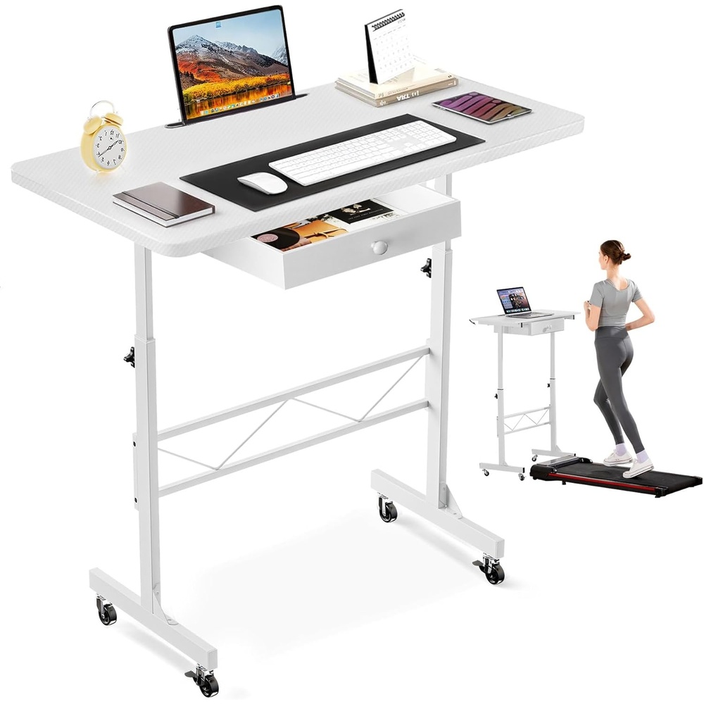 image:imageGTPLAYER Small Standing Desk Adjustable Height Small Computer Desk Mobile Portable Rolling Laptop Table with Wheels 32 Computer Workstation Sit Stand Desks Portable Standing Table Treadmill desksCarbon Fiber White