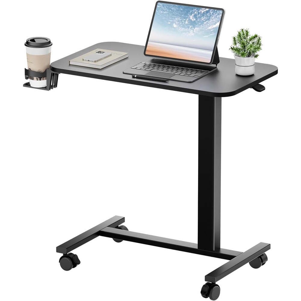 image:imageGTPLAYER Small Standing Desk with Hidden Wheels Pneumatic Mobile Rolling Laptop Desk Adjustable Height Overbed Bedside Table Computer Workstation for Home Office 32 W x 16 D BlackBlacklockablem