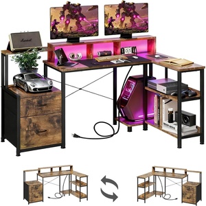 image:imageGTPLAYER 73 L Shaped Gaming Desk Reversible Computer Desk with Power Outlets amp LED Lights Home Office Corner Desk with Storage Shelves Monitor Stand and Tower Space Rustic BrownRustic Brown