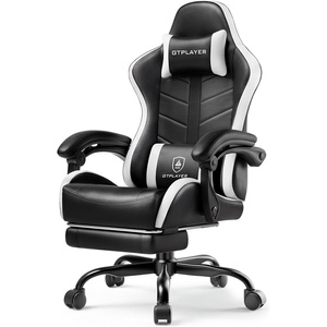 image:imageGTPLAYER Gaming Chair Computer Gaming Chairs for Adults with Footrest Height Adjustable PC Game Chair with 90155 Recline amp Removable Headrest Lumbar Support BlackWhitePearl White