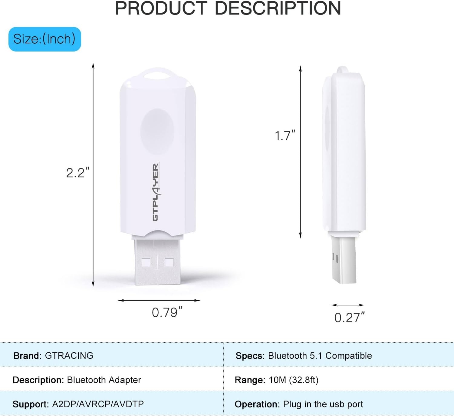 image:imageGTPLAYER Bluetooth 51 USB Adapter Wireless Audio Dongle for PC Laptop PS4 Switch Headphones for GTPLAYER Music Gaming Chair and Recliner Single Device ConnectionWhite