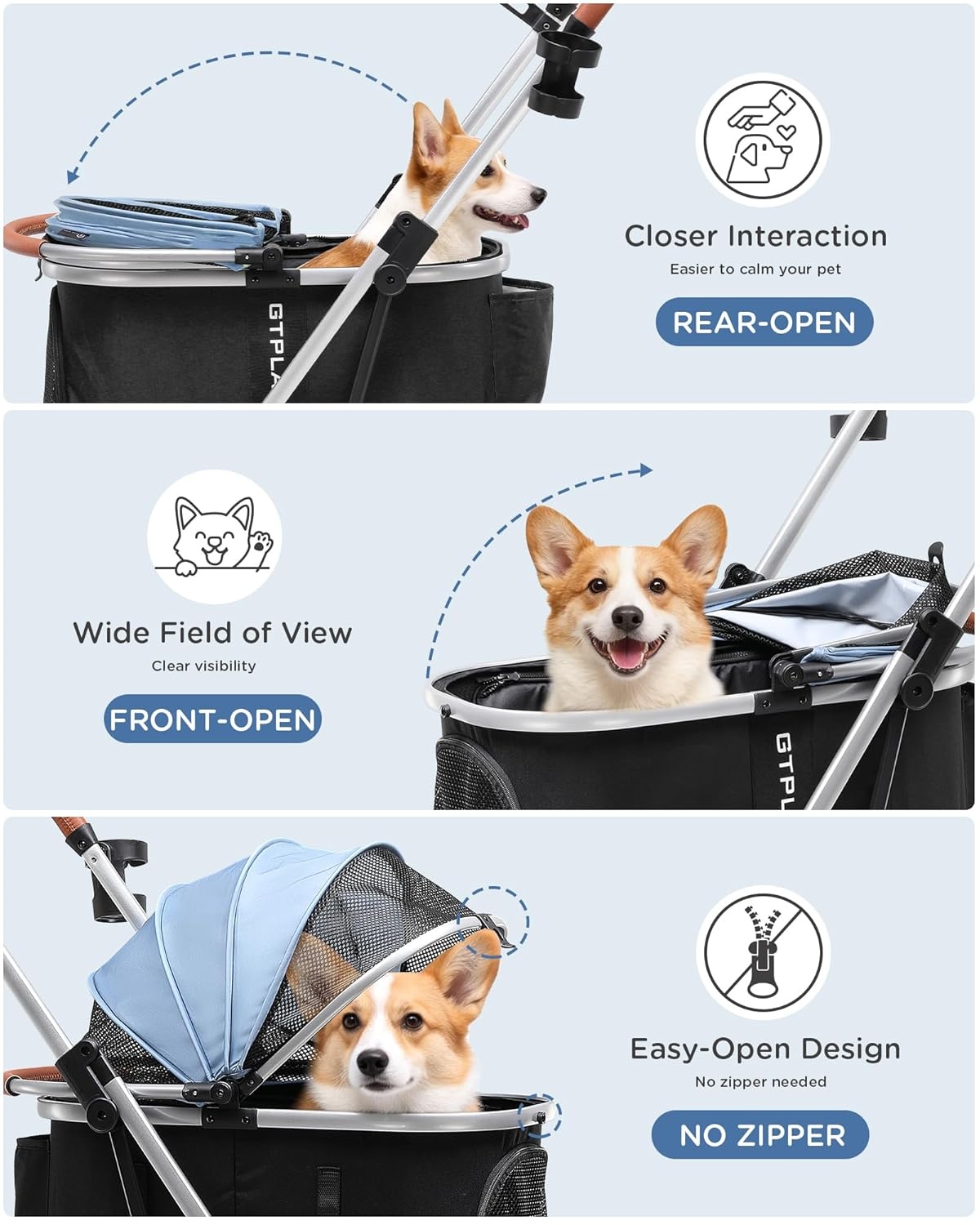 image:imageGTPLAYER Pet Stroller for Small Dogs and Cats OneClick Foldable Detachable Carrier Breathable Mesh 45 lbs Capacity 2 Safety Leashes Storage Basket amp Cup Holder GreyLight Blue