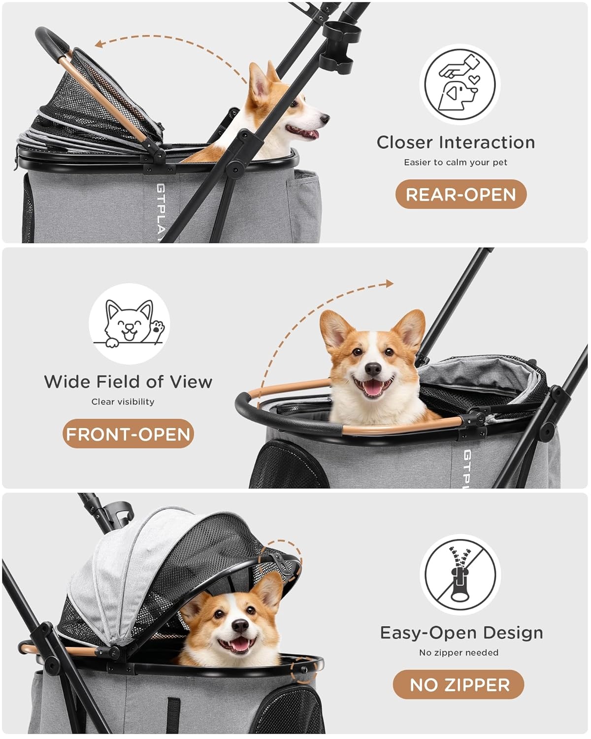 image:imageGTPLAYER Pet Stroller for Small Dogs and Cats OneClick Foldable Detachable Carrier Breathable Mesh 45 lbs Capacity 2 Safety Leashes Storage Basket amp Cup Holder GreyLight Gray