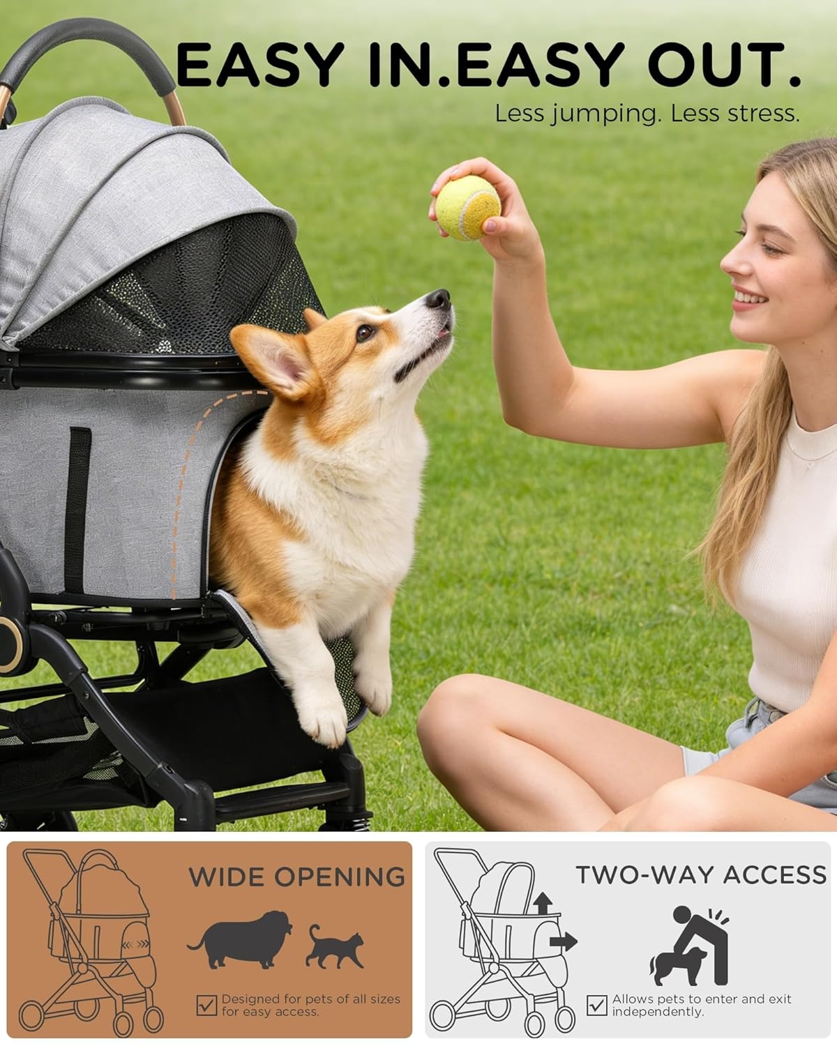 image:imageGTPLAYER Pet Stroller for Small Dogs and Cats OneClick Foldable Detachable Carrier Breathable Mesh 45 lbs Capacity 2 Safety Leashes Storage Basket amp Cup Holder GreyGrey