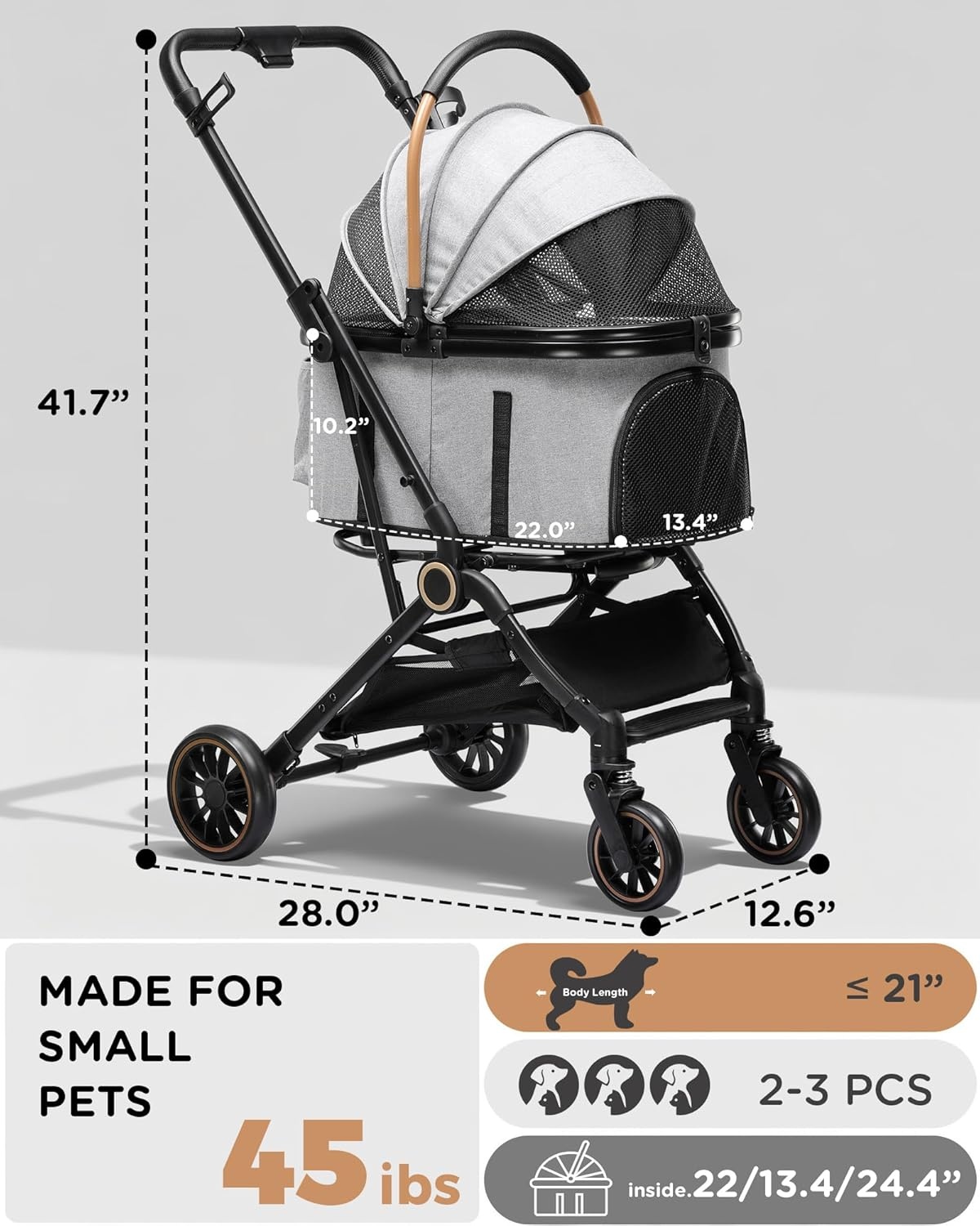 image:imageGTPLAYER Pet Stroller for Small Dogs and Cats OneClick Foldable Detachable Carrier Breathable Mesh 45 lbs Capacity 2 Safety Leashes Storage Basket amp Cup Holder GreyGrey