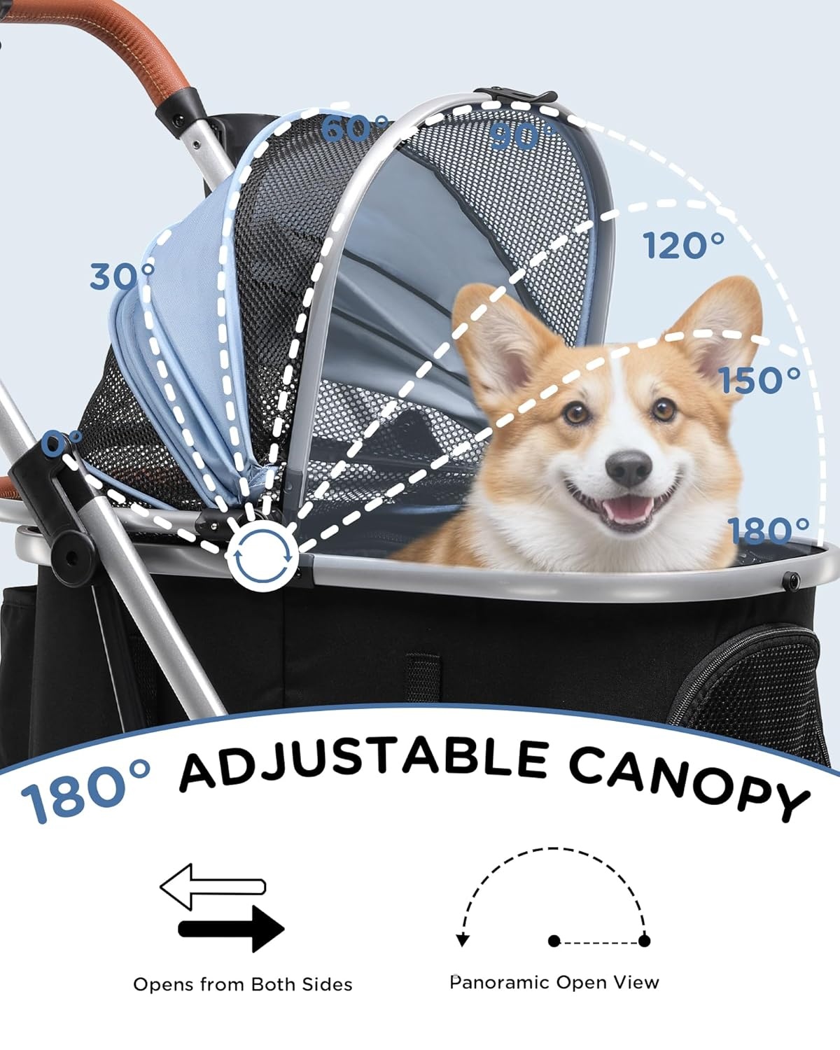 image:imageGTPLAYER Pet Stroller for Small Dogs and Cats OneClick Foldable Detachable Carrier Breathable Mesh 45 lbs Capacity 2 Safety Leashes Storage Basket amp Cup Holder GreyLight Blue