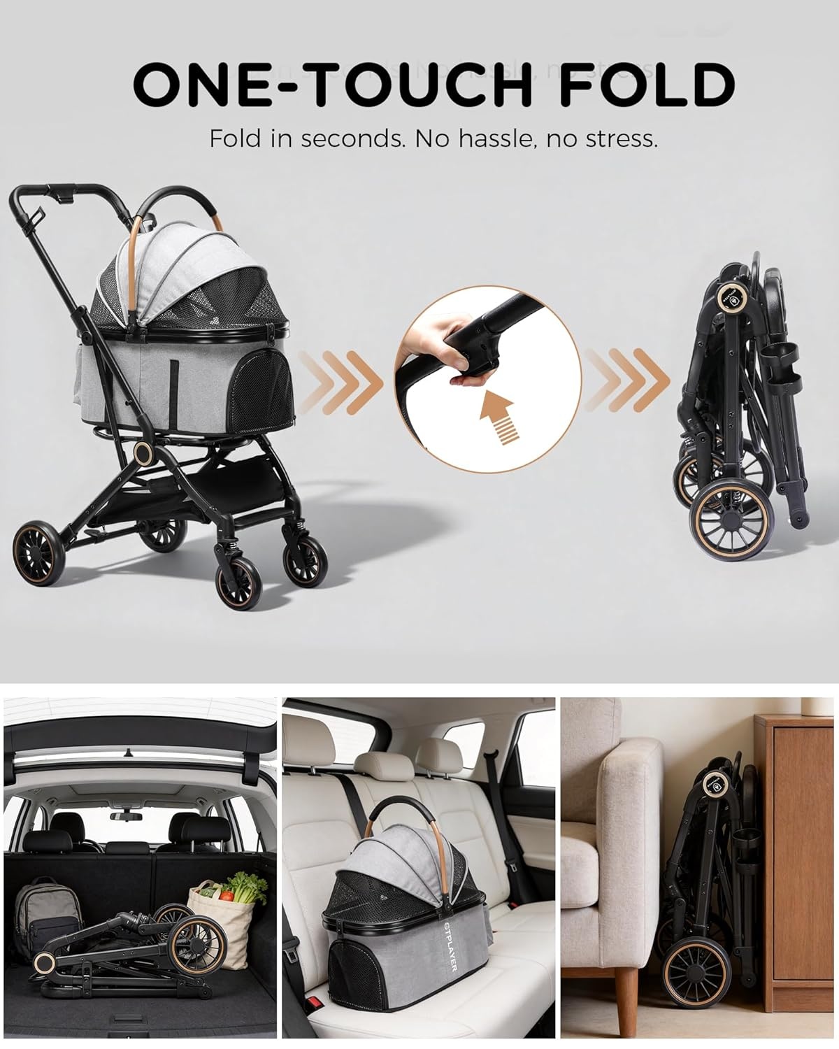 image:imageGTPLAYER Pet Stroller for Small Dogs and Cats OneClick Foldable Detachable Carrier Breathable Mesh 45 lbs Capacity 2 Safety Leashes Storage Basket amp Cup Holder GreyLight Gray