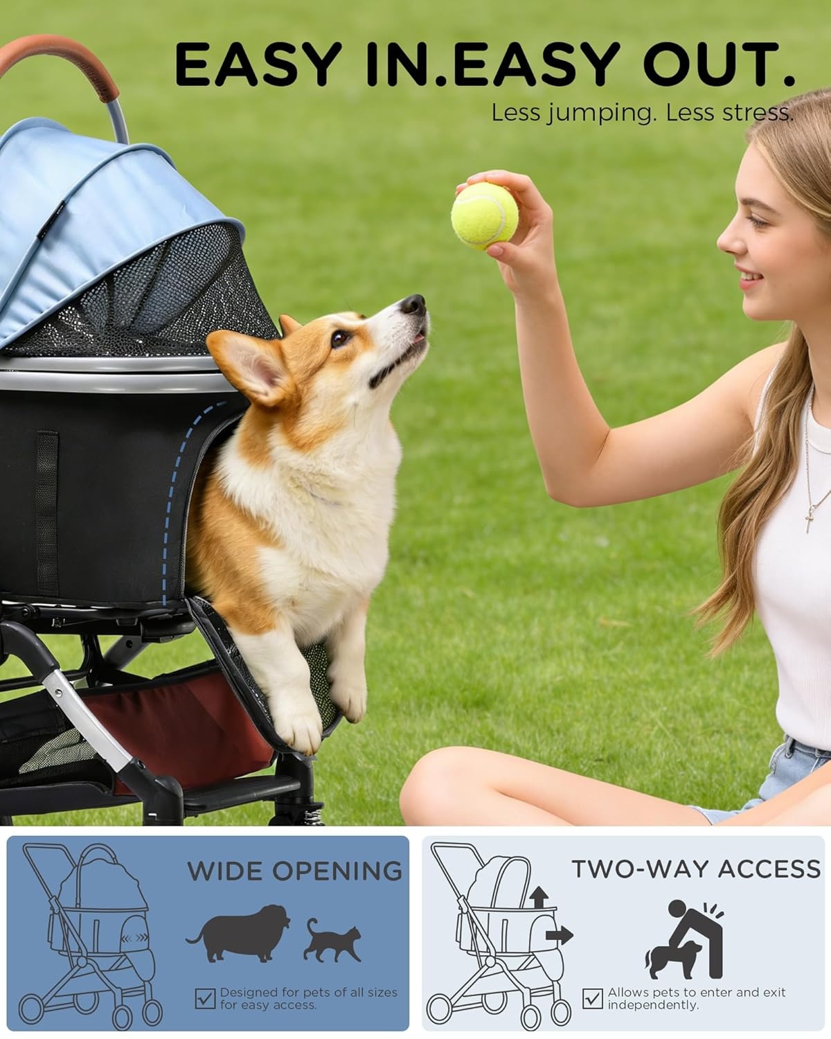 image:imageGTPLAYER Pet Stroller for Small Dogs and Cats OneClick Foldable Detachable Carrier Breathable Mesh 45 lbs Capacity 2 Safety Leashes Storage Basket amp Cup Holder GreyLight Blue