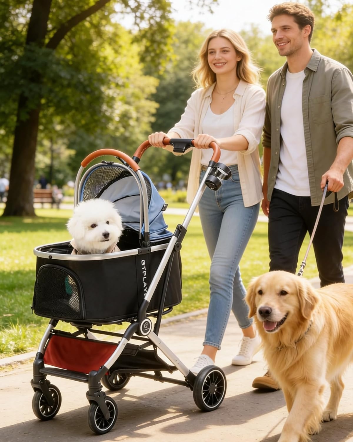 image:imageGTPLAYER Pet Stroller for Small Dogs and Cats OneClick Foldable Detachable Carrier Breathable Mesh 45 lbs Capacity 2 Safety Leashes Storage Basket amp Cup Holder GreyLight Blue