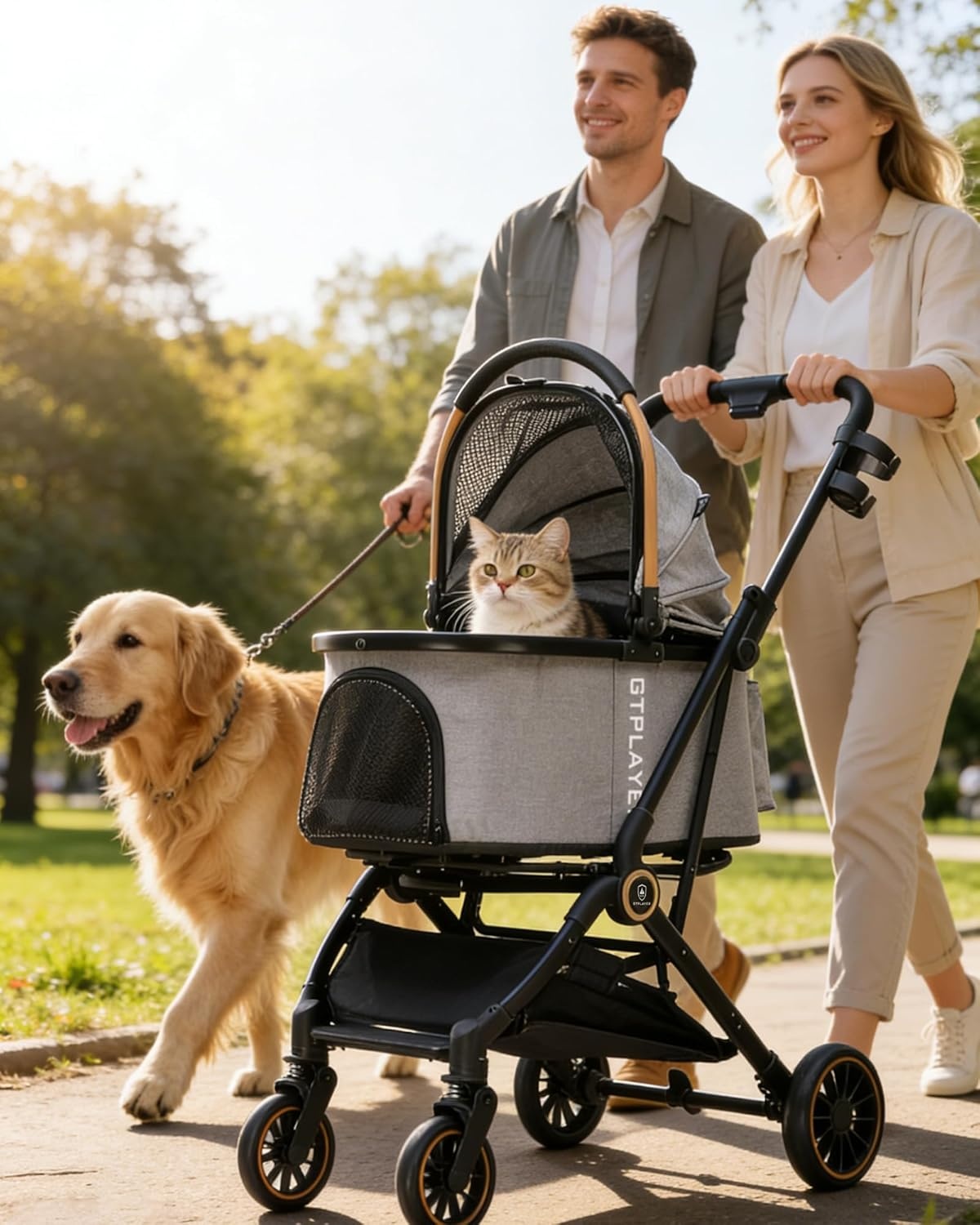 image:imageGTPLAYER Pet Stroller for Small Dogs and Cats OneClick Foldable Detachable Carrier Breathable Mesh 45 lbs Capacity 2 Safety Leashes Storage Basket amp Cup Holder GreyGrey