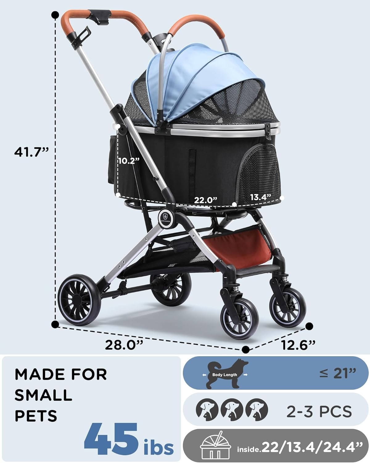 image:imageGTPLAYER Pet Stroller for Small Dogs and Cats OneClick Foldable Detachable Carrier Breathable Mesh 45 lbs Capacity 2 Safety Leashes Storage Basket amp Cup Holder GreyLight Blue