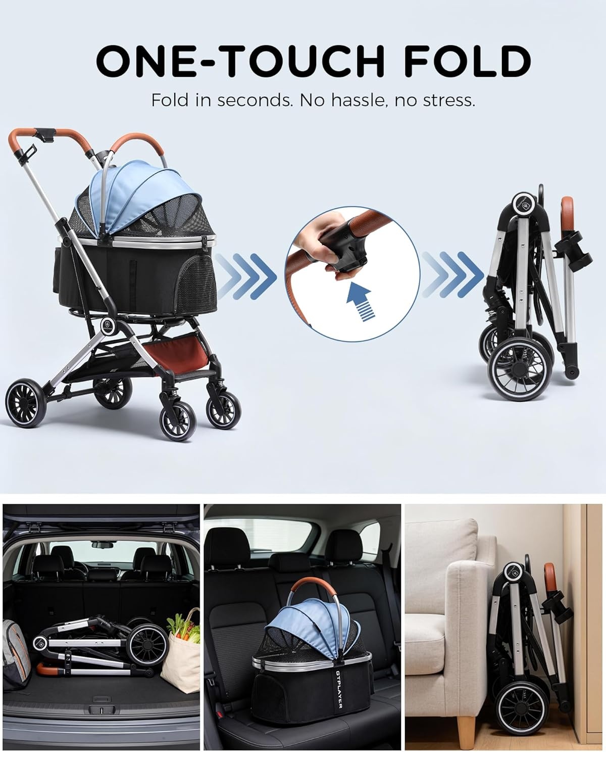 image:imageGTPLAYER Pet Stroller for Small Dogs and Cats OneClick Foldable Detachable Carrier Breathable Mesh 45 lbs Capacity 2 Safety Leashes Storage Basket amp Cup Holder GreyLight Blue