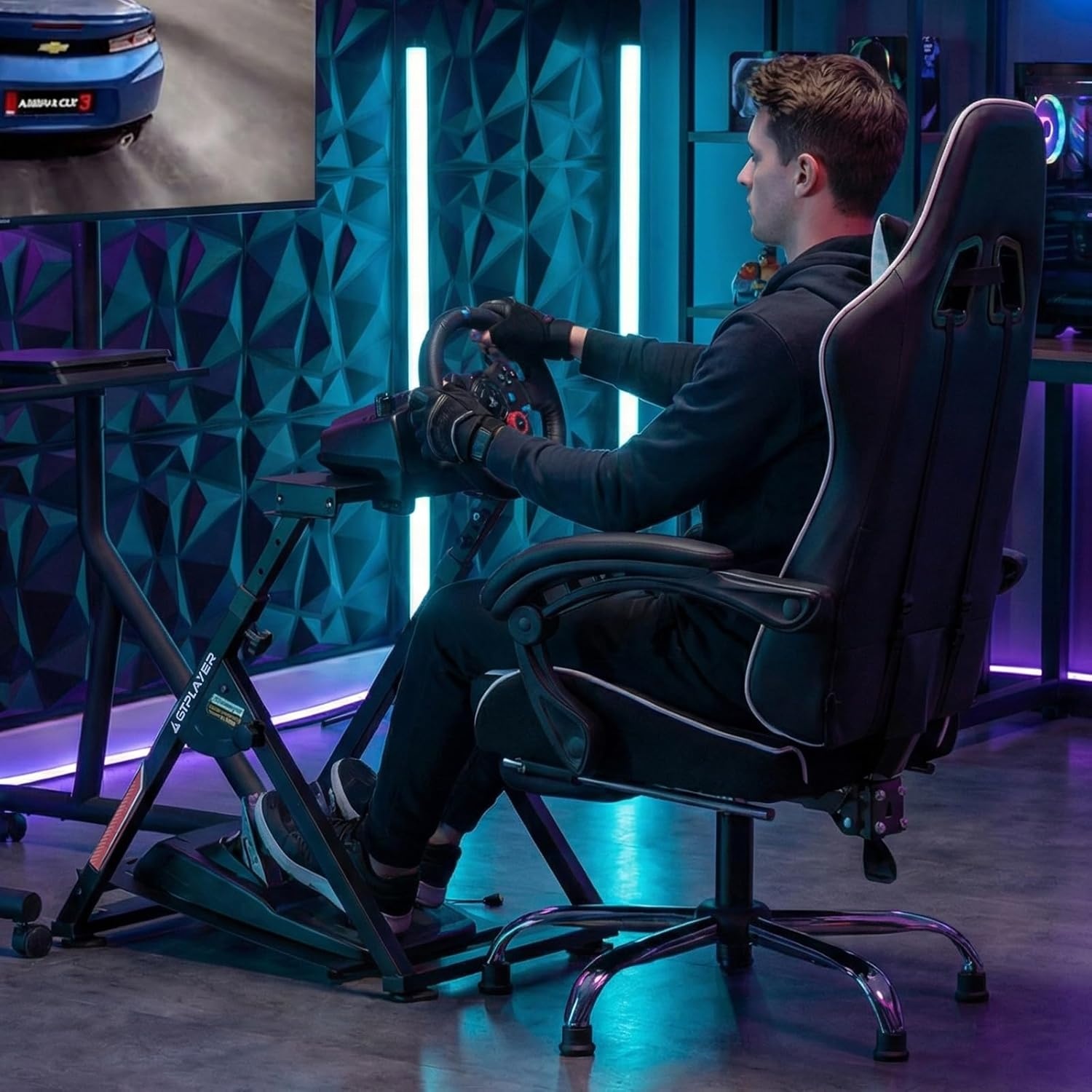 image:imageGTPLAYER Sim Racing Wheel Stand Simulator Cockpit Wheel Stand fit for Logitech G25 G27 G29 G920 G923 Thrustmaster T330TS Gaming Stand Wheel Pedals NOT Included Deep Black With Cup HolderBlack