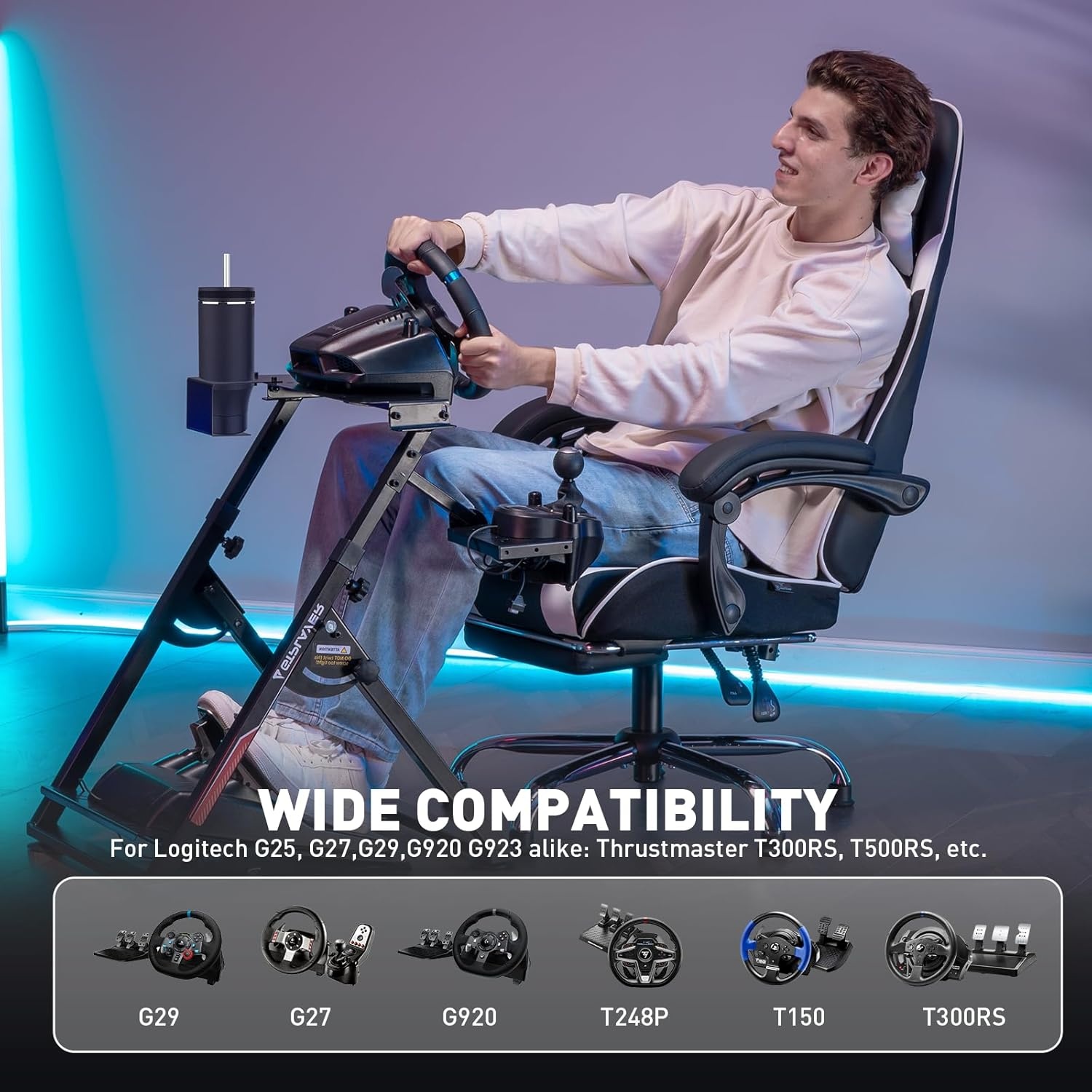 image:imageGTPLAYER Sim Racing Wheel Stand Simulator Cockpit Wheel Stand fit for Logitech G25 G27 G29 G920 G923 Thrustmaster T330TS Gaming Stand Wheel Pedals NOT Included Deep Black With Cup HolderDeep Black