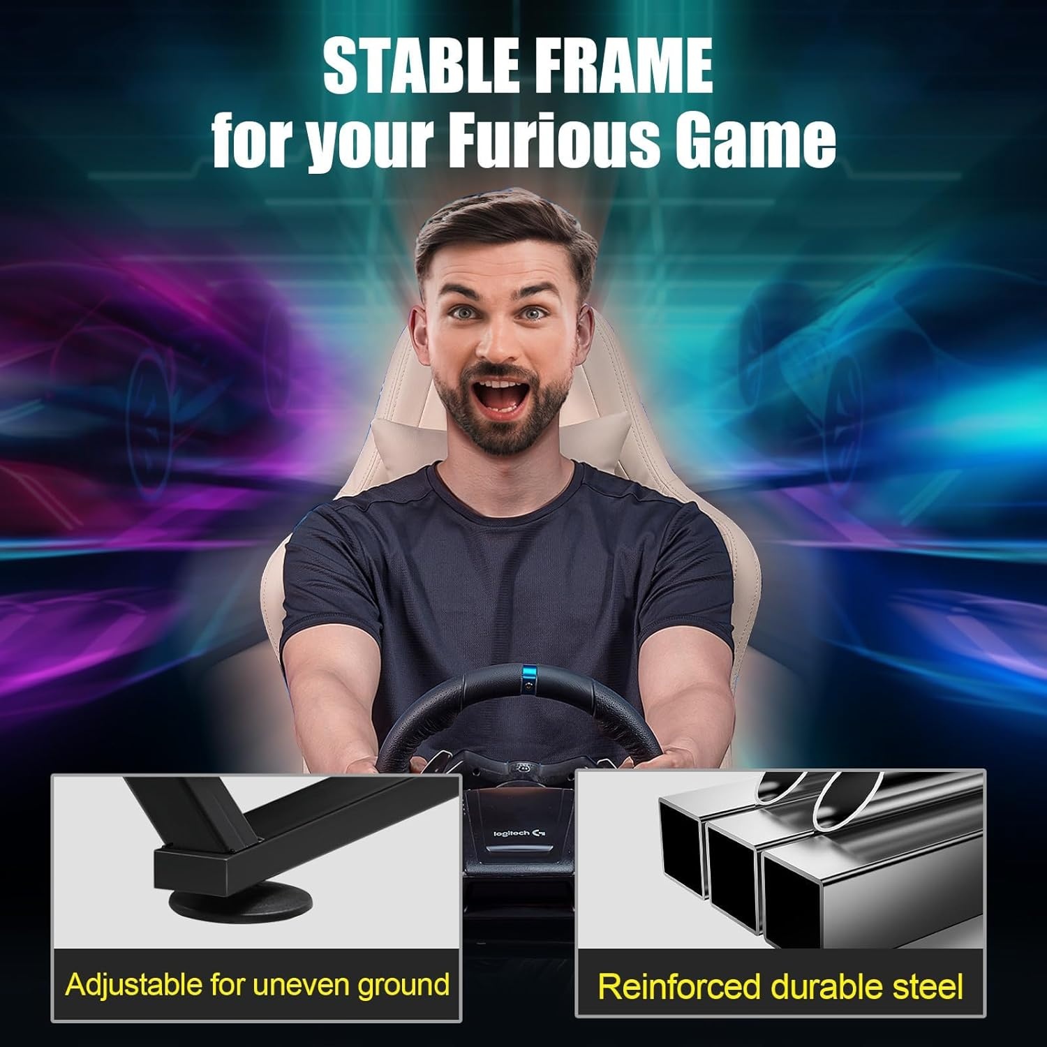 image:imageGTPLAYER Sim Racing Wheel Stand Simulator Cockpit Wheel Stand fit for Logitech G25 G27 G29 G920 G923 Thrustmaster T330TS Gaming Stand Wheel Pedals NOT Included Deep Black With Cup HolderBlack