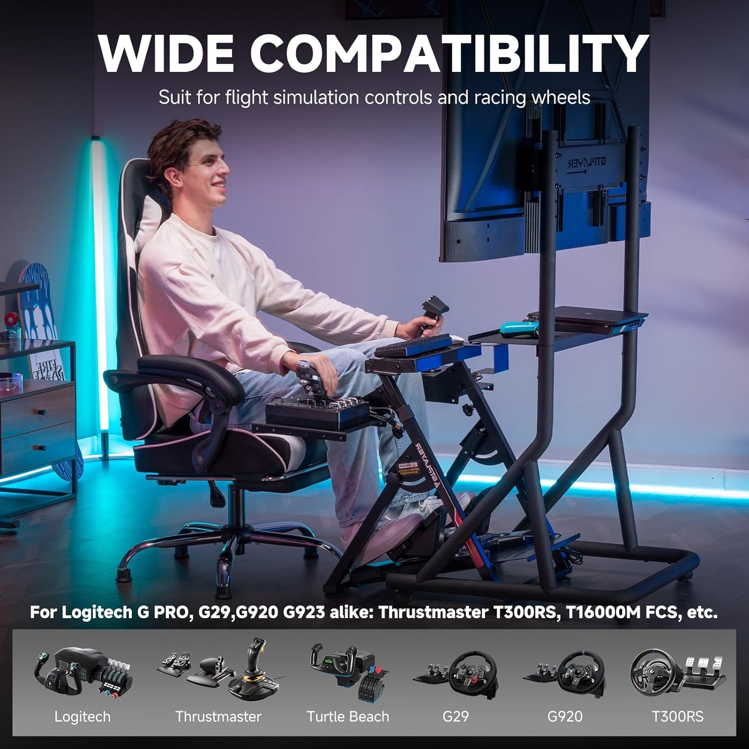 image:imageGTPLAYER Sim Racing Wheel Stand Simulator Cockpit Wheel Stand fit for Logitech G25 G27 G29 G920 G923 Thrustmaster T330TS Gaming Stand Wheel Pedals NOT Included Deep Black With Cup HolderBlack Flight Stand