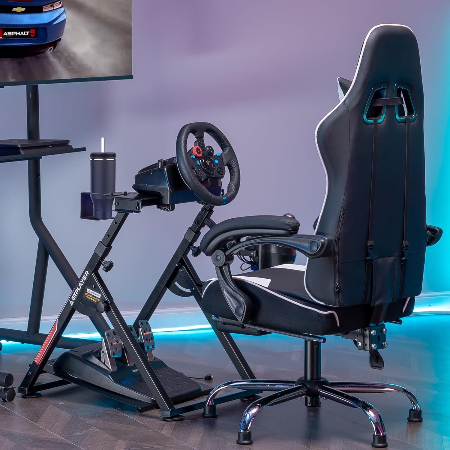 image:imageGTPLAYER Sim Racing Wheel Stand Simulator Cockpit Wheel Stand fit for Logitech G25 G27 G29 G920 G923 Thrustmaster T330TS Gaming Stand Wheel Pedals NOT Included Deep Black With Cup HolderDeep Black