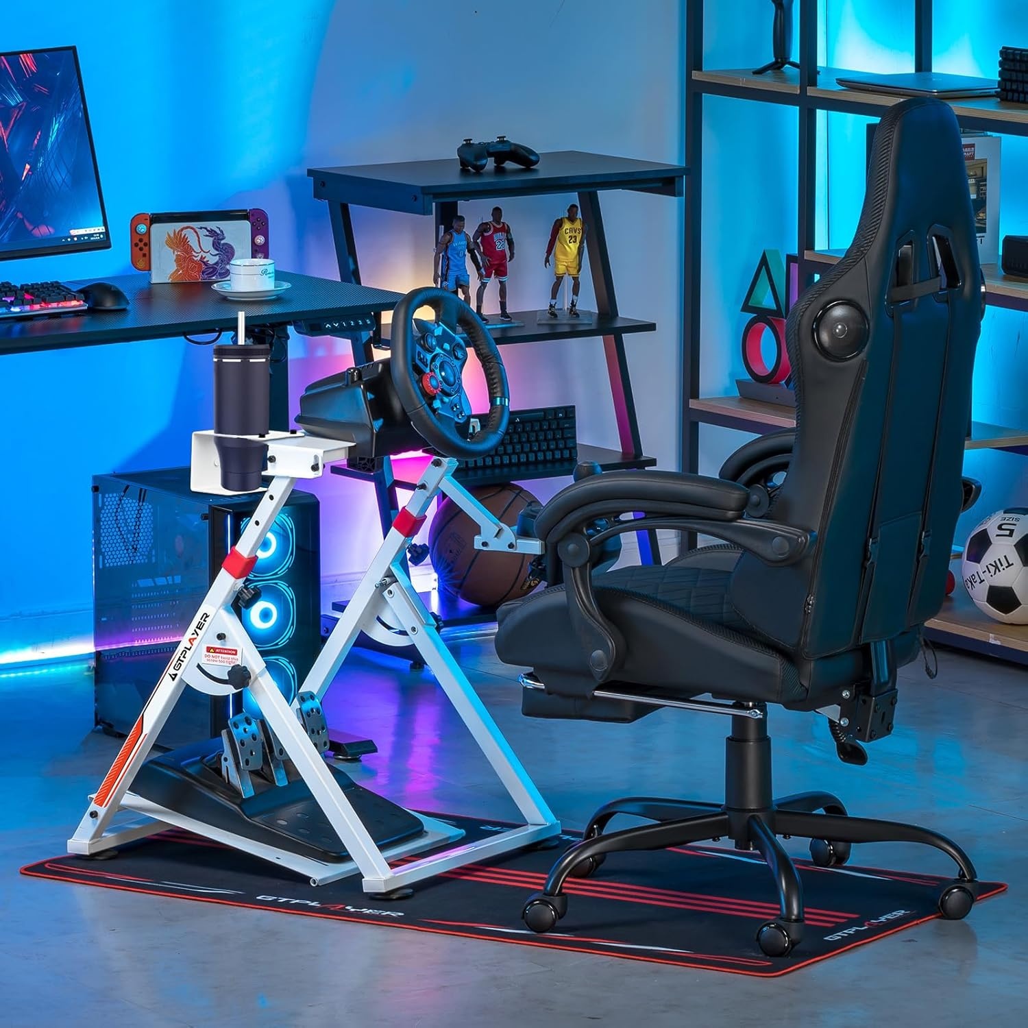image:imageGTPLAYER Sim Racing Wheel Stand Simulator Cockpit Wheel Stand fit for Logitech G25 G27 G29 G920 G923 Thrustmaster T330TS Gaming Stand Wheel Pedals NOT Included Deep Black With Cup Holderwhite
