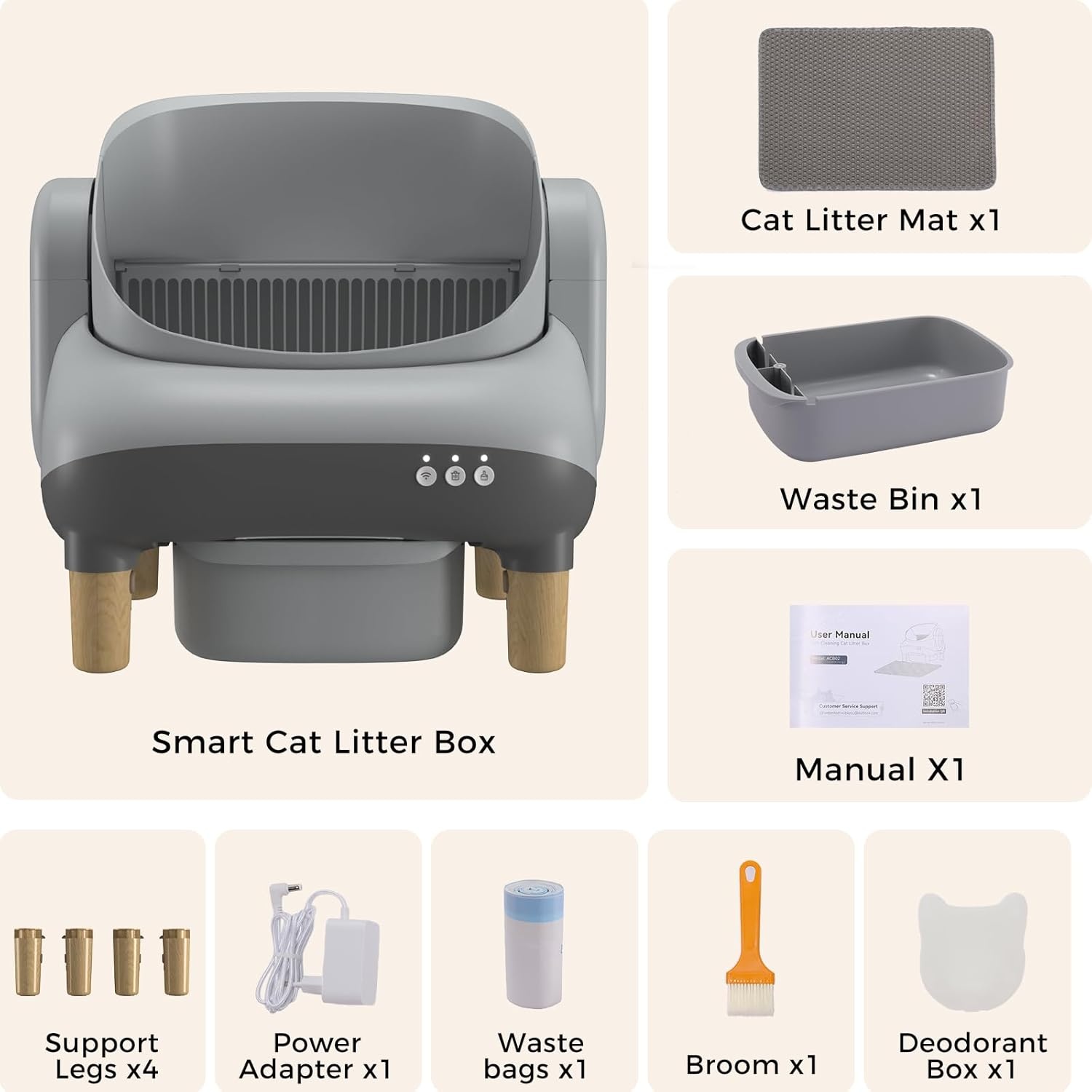 image:imageGTPLAYER Smart Cat Litter Box OpenTop Self Cleaning Cat Litter Box with App Control Safety Sensors Large Capacity Waste Bin Easy Maintenance Automatic Litter Box for MultiCat HomesWhiteGrey