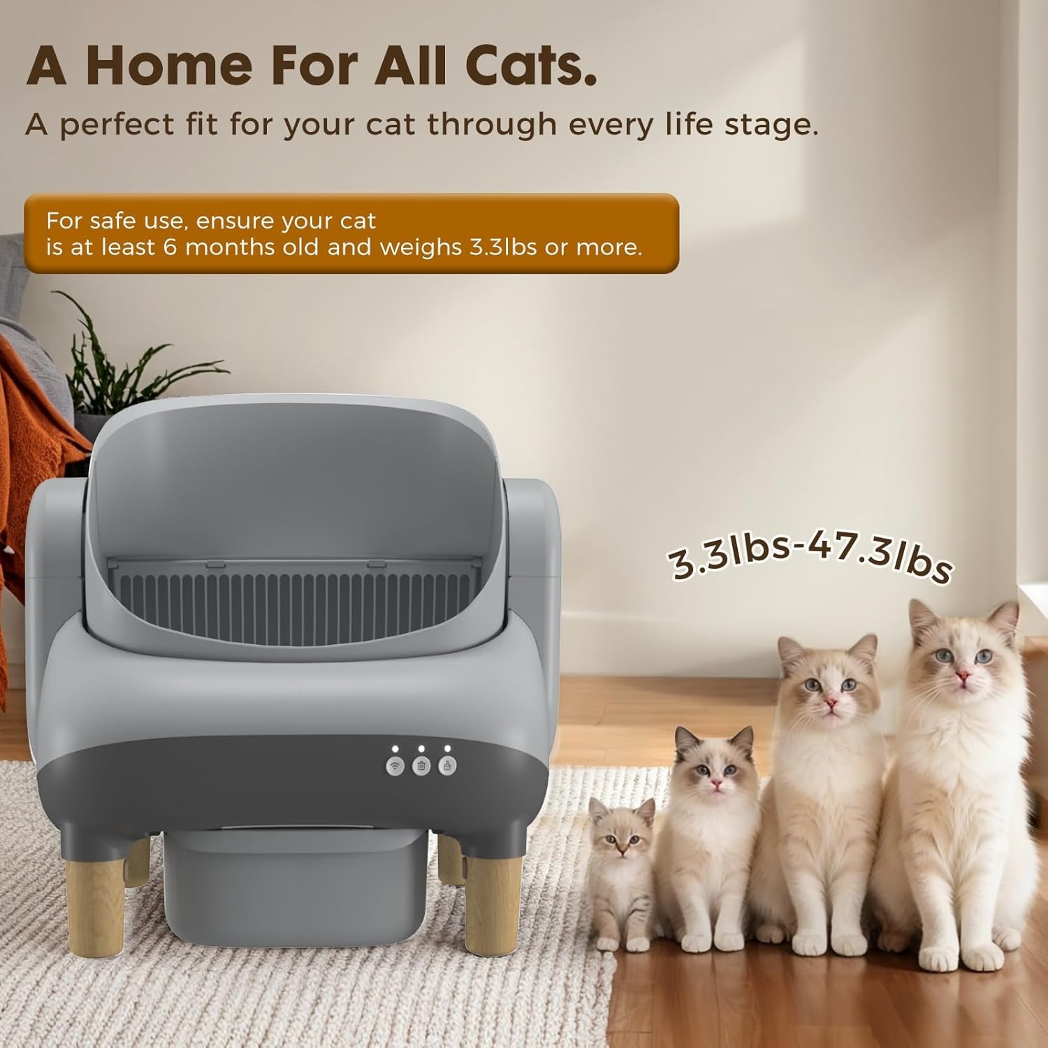 image:imageGTPLAYER Smart Cat Litter Box OpenTop Self Cleaning Cat Litter Box with App Control Safety Sensors Large Capacity Waste Bin Easy Maintenance Automatic Litter Box for MultiCat HomesWhiteGrey