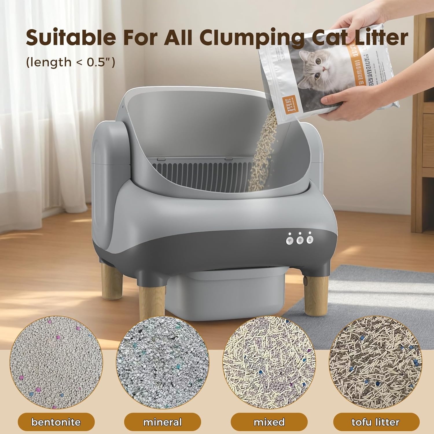 image:imageGTPLAYER Smart Cat Litter Box OpenTop Self Cleaning Cat Litter Box with App Control Safety Sensors Large Capacity Waste Bin Easy Maintenance Automatic Litter Box for MultiCat HomesWhiteGrey