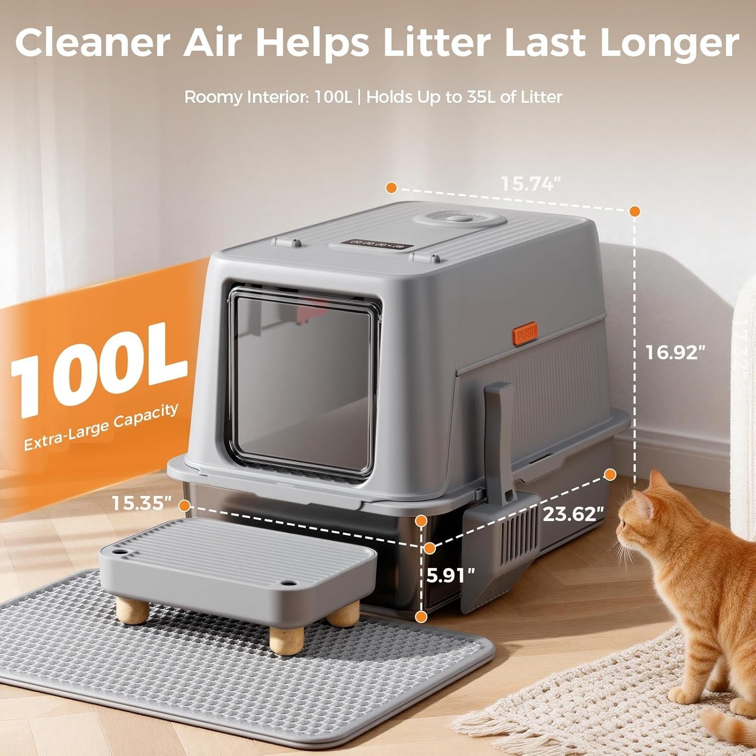 image:imageGTPLAYER XXL Stainless Steel Cat Litter Box with Lid Smart Odor Control Enclosed Litter Box for Cats Infrared Sensor Auto Pause NonStick AntiLeak HighSided with Mat Scoop amp Step Pinky Paws