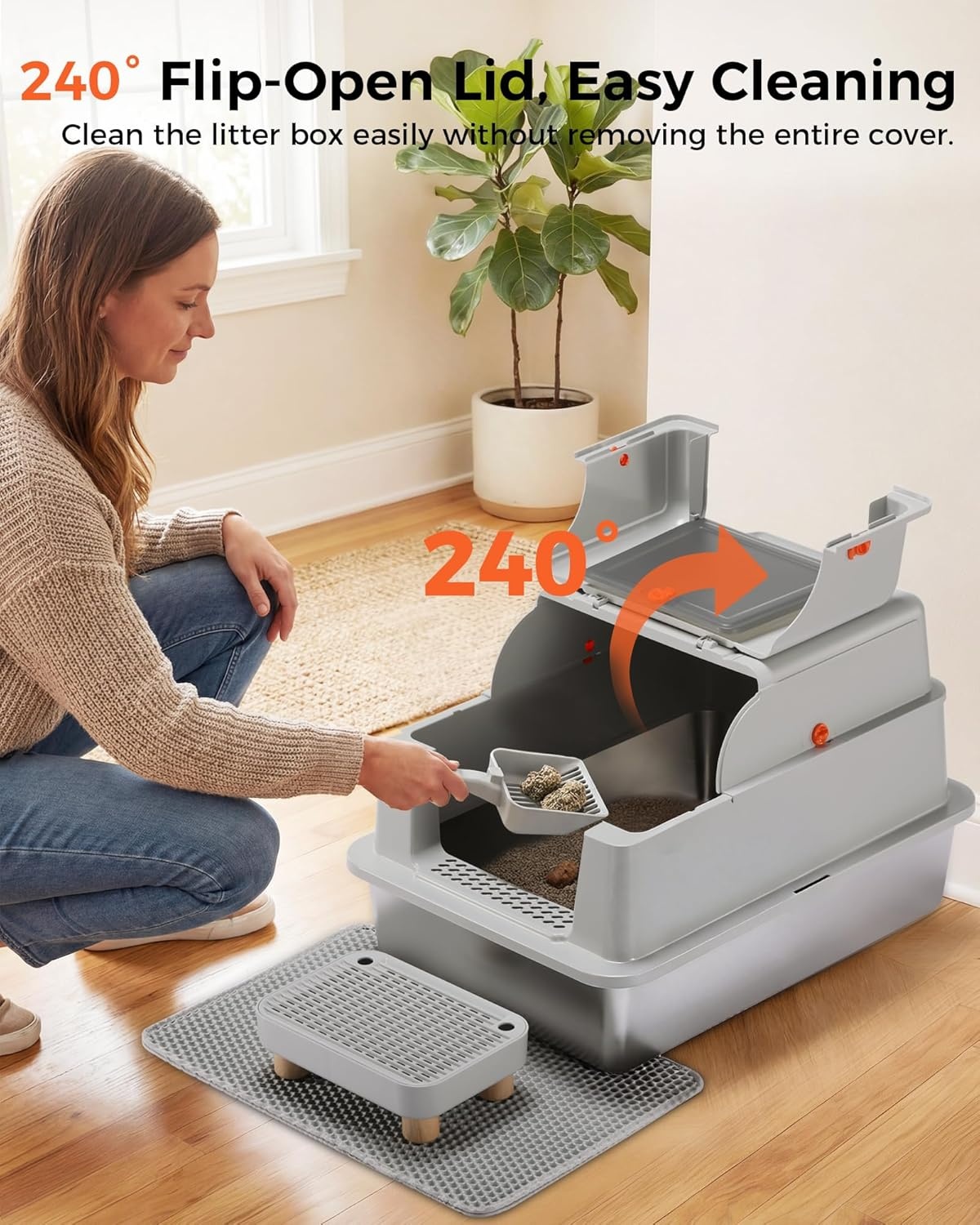 image:imageGTPLAYER XXXL Stainless Steel Cat Litter Box with Lid DualEntry Enclosed Litterbox Front Entry amp Top Exit HighSided NonStick Odor Control for Big Cats with Mat Scoop amp Step Grey02 Pinky Paws Stickers