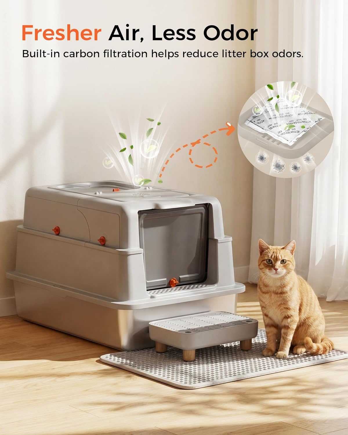 image:imageGTPLAYER XXXL Stainless Steel Cat Litter Box with Lid DualEntry Enclosed Litterbox Front Entry amp Top Exit HighSided NonStick Odor Control for Big Cats with Mat Scoop amp Step Grey02 Pinky Paws Stickers
