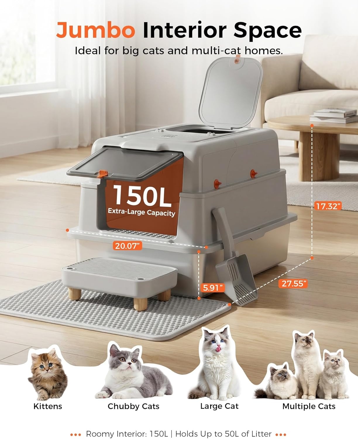 image:imageGTPLAYER XXXL Stainless Steel Cat Litter Box with Lid DualEntry Enclosed Litterbox Front Entry amp Top Exit HighSided NonStick Odor Control for Big Cats with Mat Scoop amp Step GreyGrey Cheeky Kitty Stickers