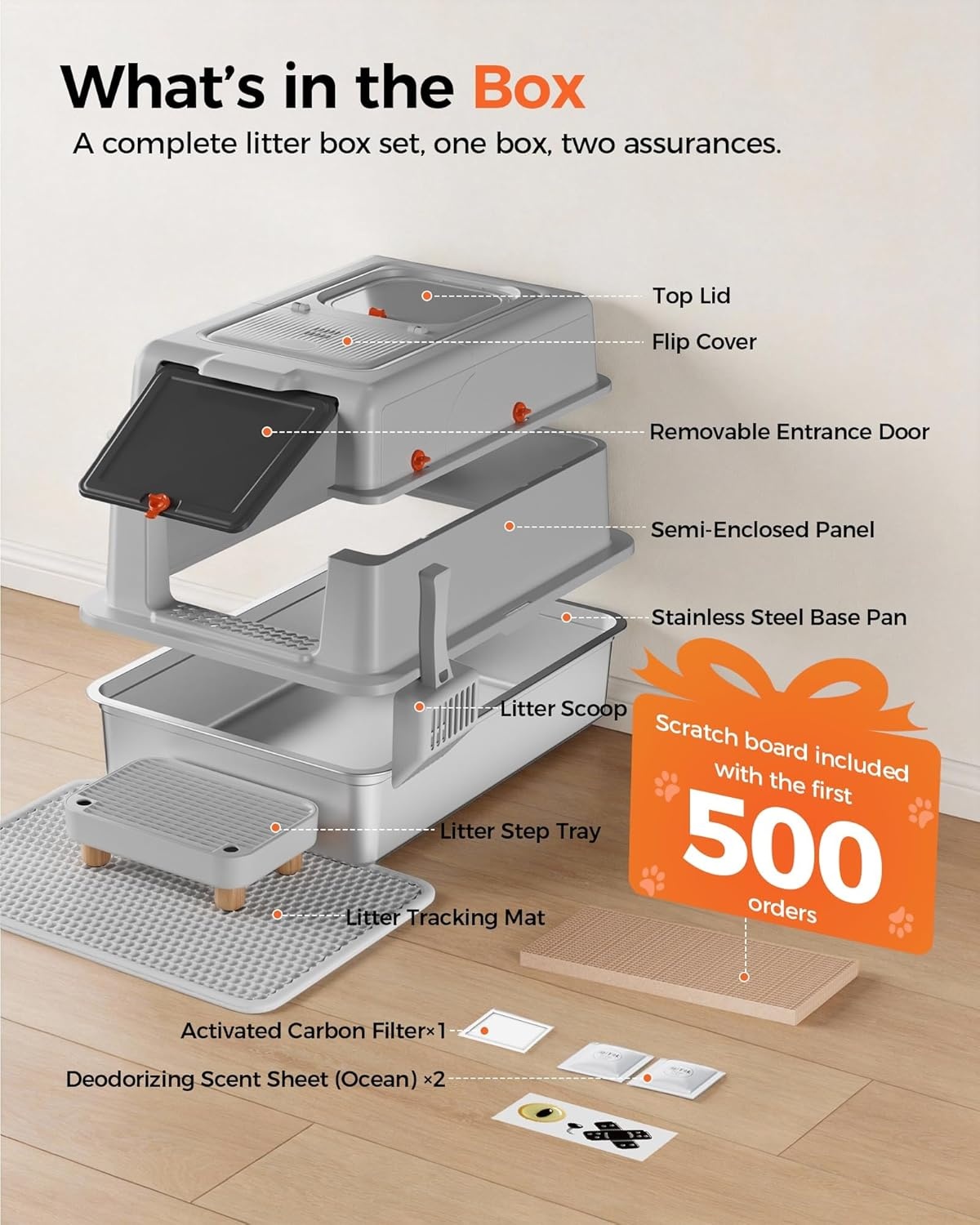image:imageGTPLAYER XXXL Stainless Steel Cat Litter Box with Lid DualEntry Enclosed Litterbox Front Entry amp Top Exit HighSided NonStick Odor Control for Big Cats with Mat Scoop amp Step GreyGrey Curious Kitty Stickers