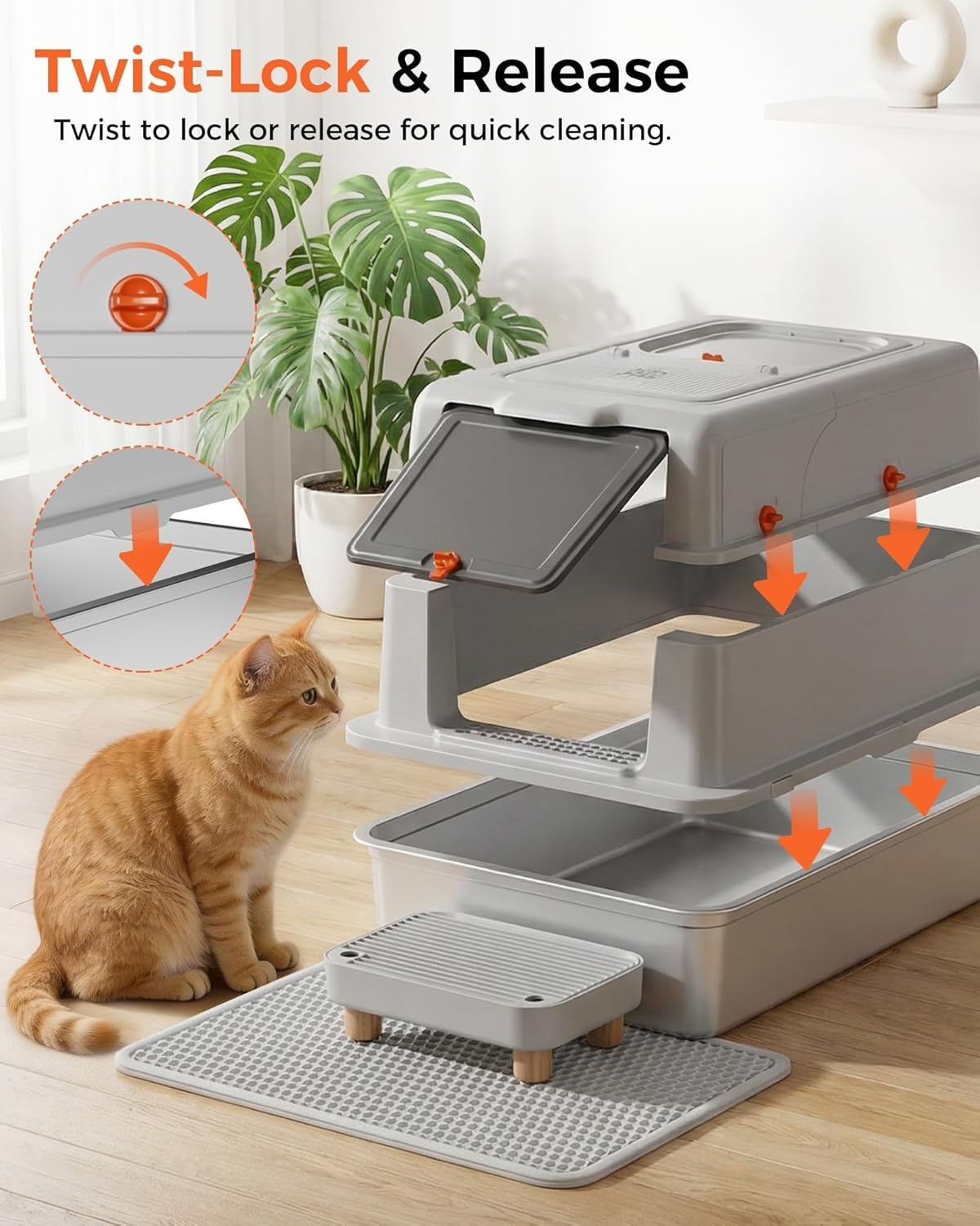 image:imageGTPLAYER XXXL Stainless Steel Cat Litter Box with Lid DualEntry Enclosed Litterbox Front Entry amp Top Exit HighSided NonStick Odor Control for Big Cats with Mat Scoop amp Step GreyGrey Cheeky Kitty Stickers