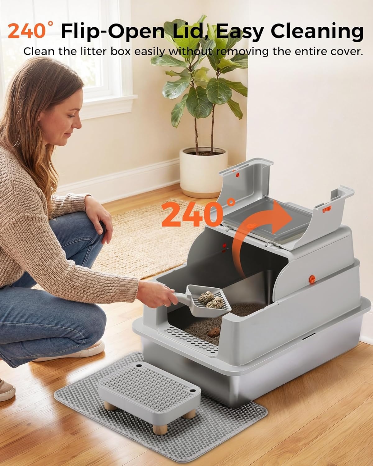 image:imageGTPLAYER XXXL Stainless Steel Cat Litter Box with Lid DualEntry Enclosed Litterbox Front Entry amp Top Exit HighSided NonStick Odor Control for Big Cats with Mat Scoop amp Step GreyGrey Cheeky Kitty Stickers