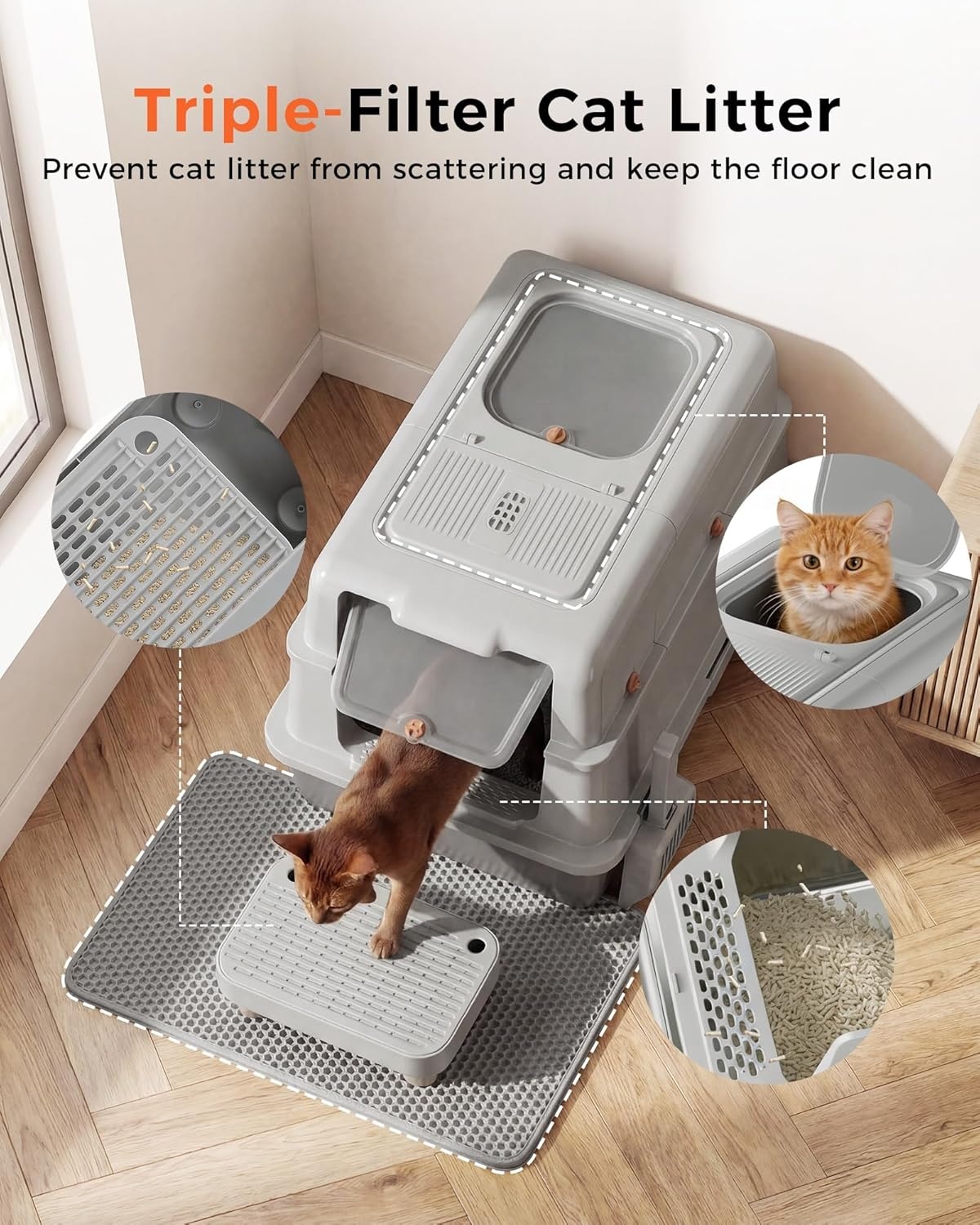 image:imageGTPLAYER XXXL Stainless Steel Cat Litter Box with Lid DualEntry Enclosed Litterbox Front Entry amp Top Exit HighSided NonStick Odor Control for Big Cats with Mat Scoop amp Step GreyGrey Cheeky Kitty Stickers