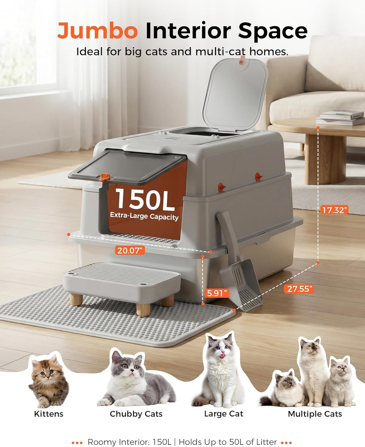 image:imageGTPLAYER XXXL Stainless Steel Cat Litter Box with Lid DualEntry Enclosed Litterbox Front Entry amp Top Exit HighSided NonStick Odor Control for Big Cats with Mat Scoop amp Step Grey02 Pinky Paws Stickers