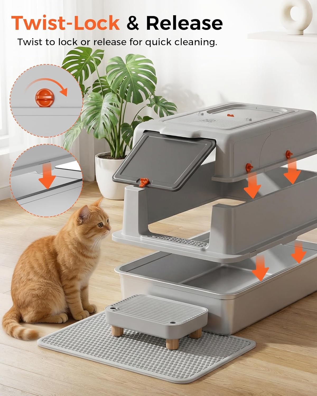 image:imageGTPLAYER XXXL Stainless Steel Cat Litter Box with Lid Extra Large Enclosed Box for Big Cats Front Entry amp Top Exit HighSided Odor Control with Mat Scoop Step amp Random Stickers