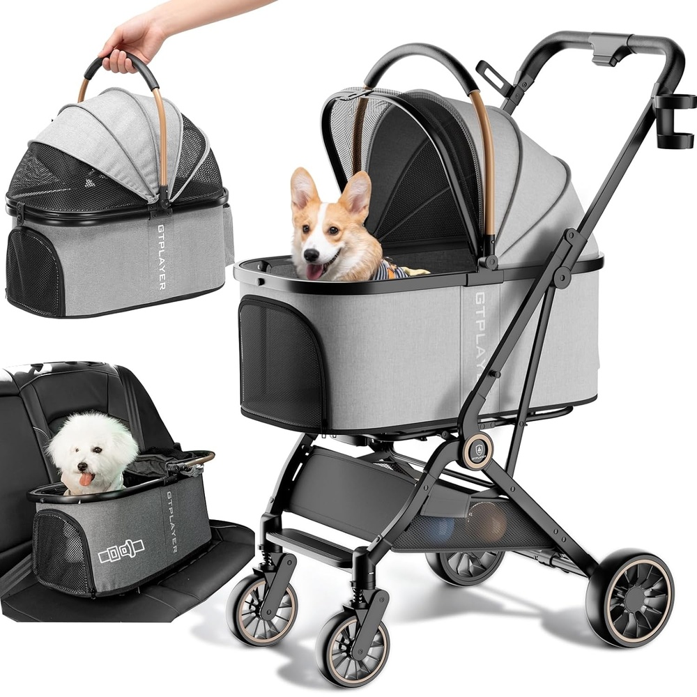 image:imageGTPLAYER Pet Stroller for Small Dogs and Cats OneClick Foldable Detachable Carrier Breathable Mesh 45 lbs Capacity 2 Safety Leashes Storage Basket amp Cup Holder GreyLight Gray