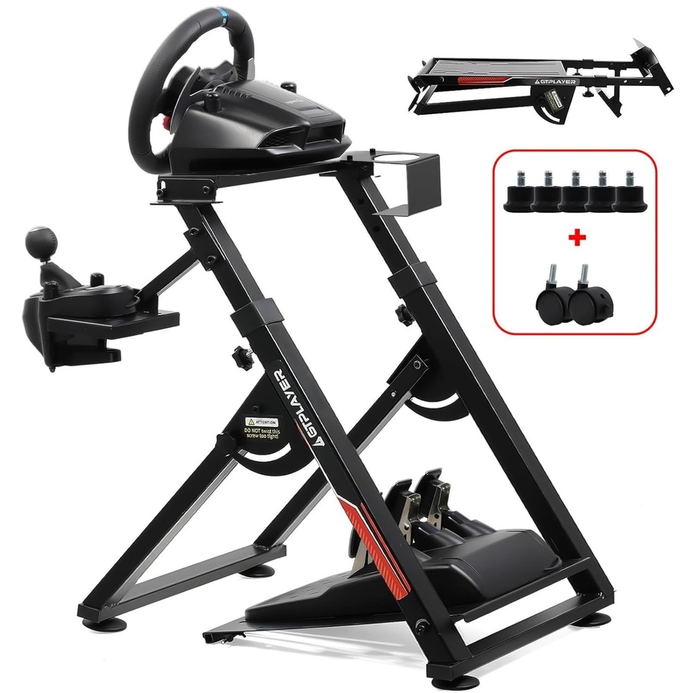 image:imageGTPLAYER Sim Racing Wheel Stand Simulator Cockpit Wheel Stand fit for Logitech G25 G27 G29 G920 G923 Thrustmaster T330TS Gaming Stand Wheel Pedals NOT Included Deep Black With Cup HolderDeep Black