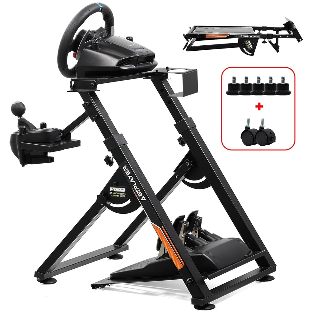 image:imageGTPLAYER Sim Racing Wheel Stand Simulator Cockpit Wheel Stand fit for Logitech G25 G27 G29 G920 G923 Thrustmaster T330TS Gaming Stand Wheel Pedals NOT Included Deep Black With Cup HolderOrange