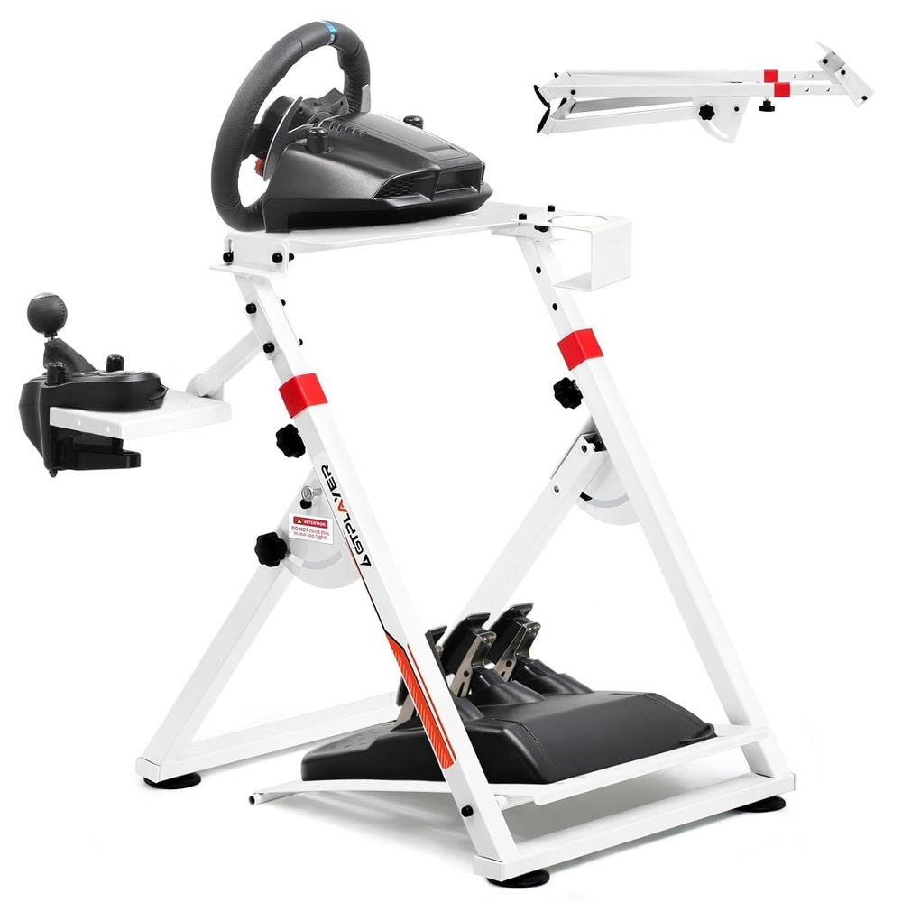 image:imageGTPLAYER Sim Racing Wheel Stand Simulator Cockpit Wheel Stand fit for Logitech G25 G27 G29 G920 G923 Thrustmaster T330TS Gaming Stand Wheel Pedals NOT Included Deep Black With Cup Holderwhite