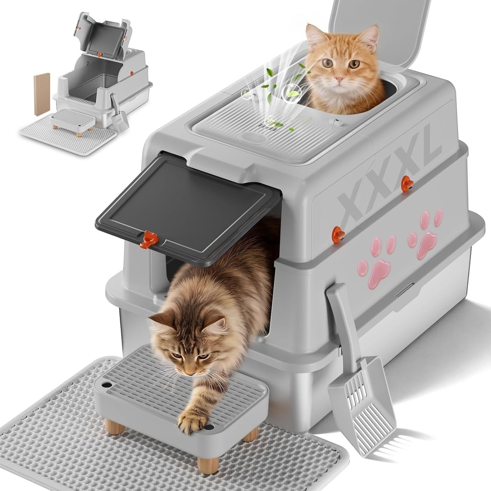 image:imageGTPLAYER XXXL Stainless Steel Cat Litter Box with Lid DualEntry Enclosed Litterbox Front Entry amp Top Exit HighSided NonStick Odor Control for Big Cats with Mat Scoop amp Step Grey02 Pinky Paws Stickers