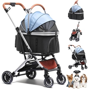 image:imageGTPLAYER Pet Stroller for Small Dogs and Cats OneClick Foldable Detachable Carrier Breathable Mesh 45 lbs Capacity 2 Safety Leashes Storage Basket amp Cup Holder GreyLight Blue