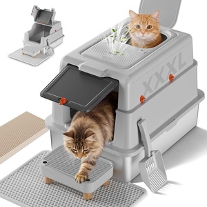 image:imageGTPLAYER XXXL Stainless Steel Cat Litter Box with Lid DualEntry Enclosed Litterbox Front Entry amp Top Exit HighSided NonStick Odor Control for Big Cats with Mat Scoop amp Step Grey02 Random Stickers