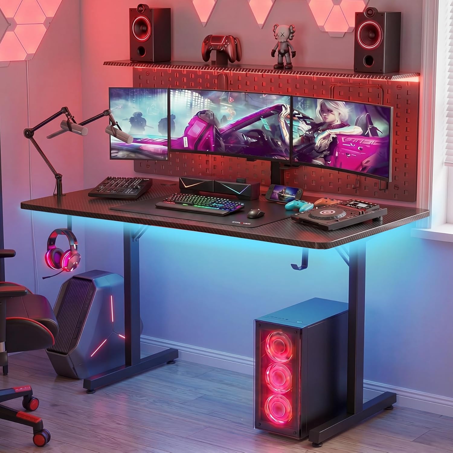 image:imageGTPLAYER 55 Inch Gaming Desk with LED Lights Large Computer Desk with Mouse Pad for Home Office TShaped Carbon Fibre Surface PC Game Workstations with Headphone HookBlack