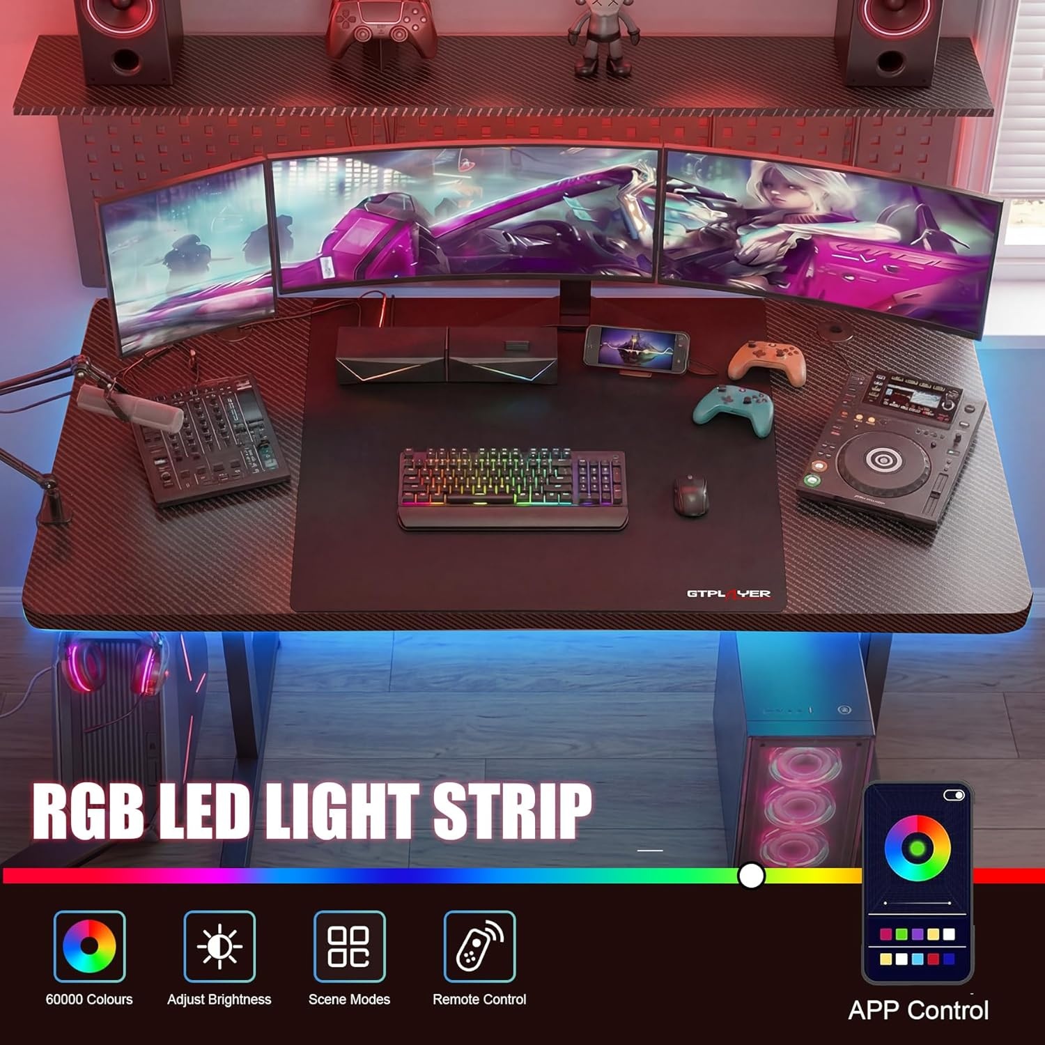 image:imageGTPLAYER 55 Inch Gaming Desk with LED Lights Large Computer Desk with Mouse Pad for Home Office TShaped Carbon Fibre Surface PC Game Workstations with Headphone HookBlack