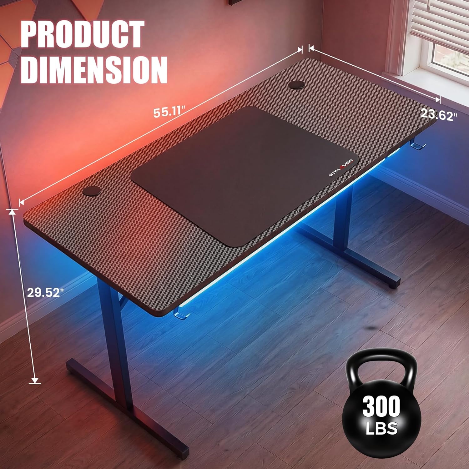 image:imageGTPLAYER 55 Inch Gaming Desk with LED Lights Large Computer Desk with Mouse Pad for Home Office TShaped Carbon Fibre Surface PC Game Workstations with Headphone HookBlack